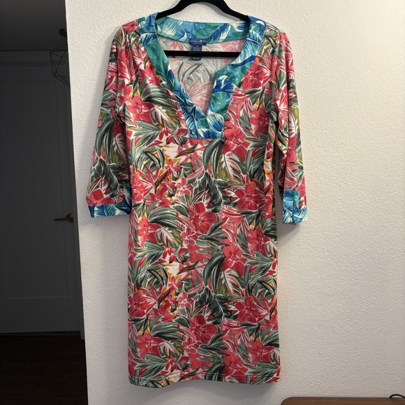 Caribbean Joe Womens Tropical Hibiscus Shift Dress Tunic Cruise‎ Sz. Med. - Picture 1 of 7